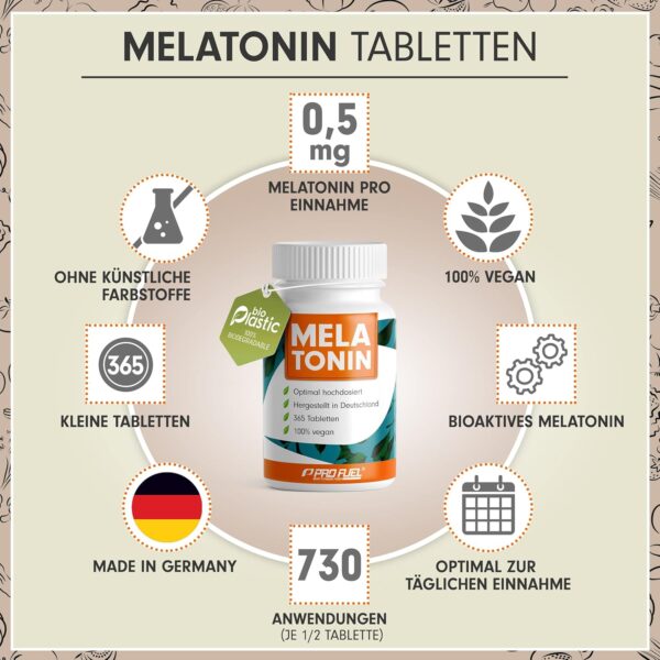 Melatonin 2x365 Tabletten - 0,5 mg bioaktives Melatonin pro Tag - Optimal hochdosiert - Laborgeprüft - Ohne unerwünschte Zusatzstoff - Made in Germany - 100% vegan – Bild 2