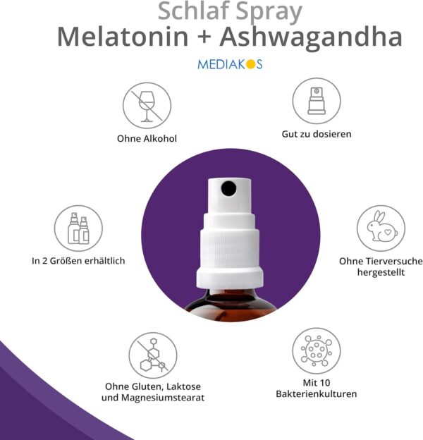 Mediakos® Melatonin Einschlafspray mit Ashwagandha (20ml) - Hochdosiertes Melatonin Spray mit Passionsblume & Vitamin B6 - Schlafspray für direkte & kontaktlose Anwendung - Pfirsich-Geschmack – Bild 5