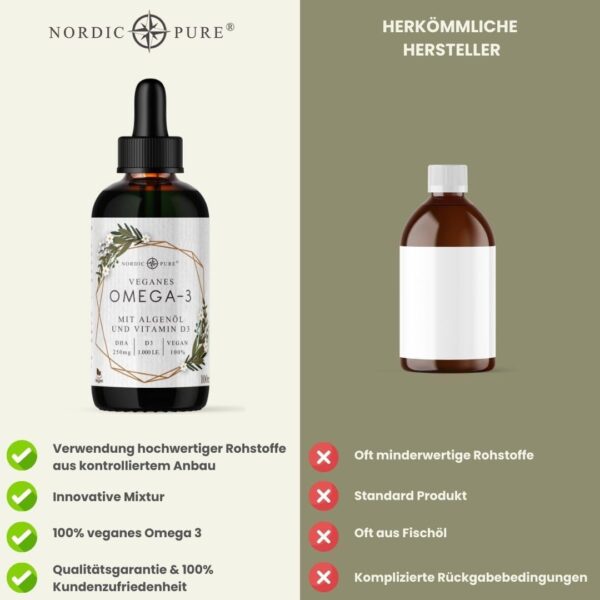 Veganes Omega 3 Algenöl Präparat | DHA aus der Mikroalge Schizochytrium sp. | Mit Vitamin D3 | Auf Basis von Hanfsamenöl | Hoher Anteil an Alpha-Linolsäure und Alpha Linolensäure, 100 ml – Bild 4