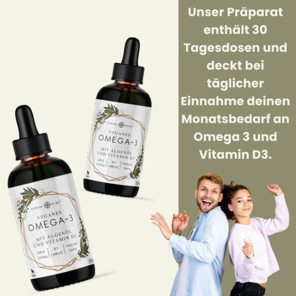 Veganes Omega 3 Algenöl Präparat | DHA aus der Mikroalge Schizochytrium sp. | Mit Vitamin D3 | Auf Basis von Hanfsamenöl | Hoher Anteil an Alpha-Linolsäure und Alpha Linolensäure, 100 ml – Bild 5