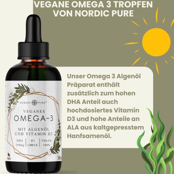 Veganes Omega 3 Algenöl Präparat | DHA aus der Mikroalge Schizochytrium sp. | Mit Vitamin D3 | Auf Basis von Hanfsamenöl | Hoher Anteil an Alpha-Linolsäure und Alpha Linolensäure, 100 ml – Bild 2