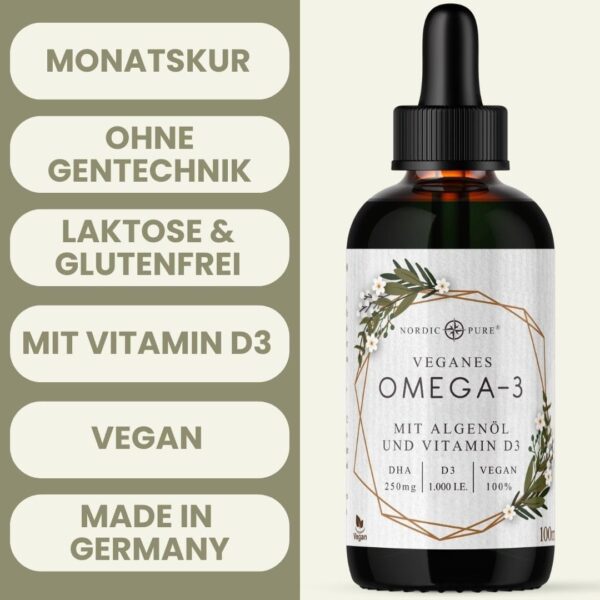 Veganes Omega 3 Algenöl Präparat | DHA aus der Mikroalge Schizochytrium sp. | Mit Vitamin D3 | Auf Basis von Hanfsamenöl | Hoher Anteil an Alpha-Linolsäure und Alpha Linolensäure, 100 ml – Bild 3