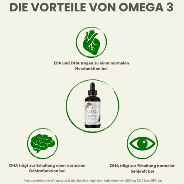 Veganes Omega 3 Algenöl Präparat | DHA aus der Mikroalge Schizochytrium sp. | Mit Vitamin D3 | Auf Basis von Hanfsamenöl | Hoher Anteil an Alpha-Linolsäure und Alpha Linolensäure, 100 ml – Bild 7