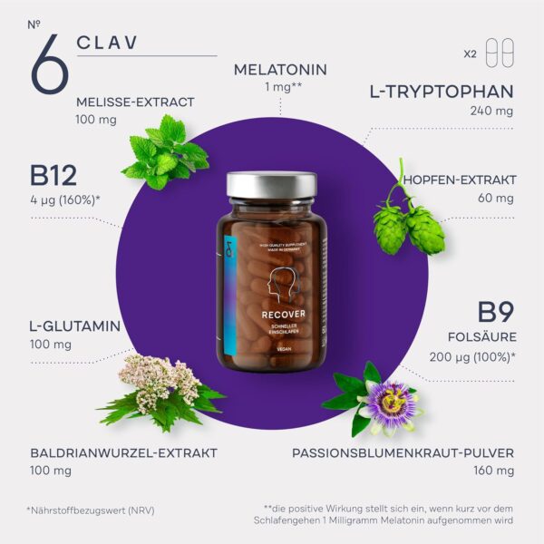 3X N°6 RECOVER Schlafmittel pflanzlich - Melatonin hochdosiert mit L-Tryptophan, Baldrian, Passionsblume, Hopfen, Melissenextrakt - Einschlafhilfe Erwachsene - 180 Melatonin Kapseln – Bild 4