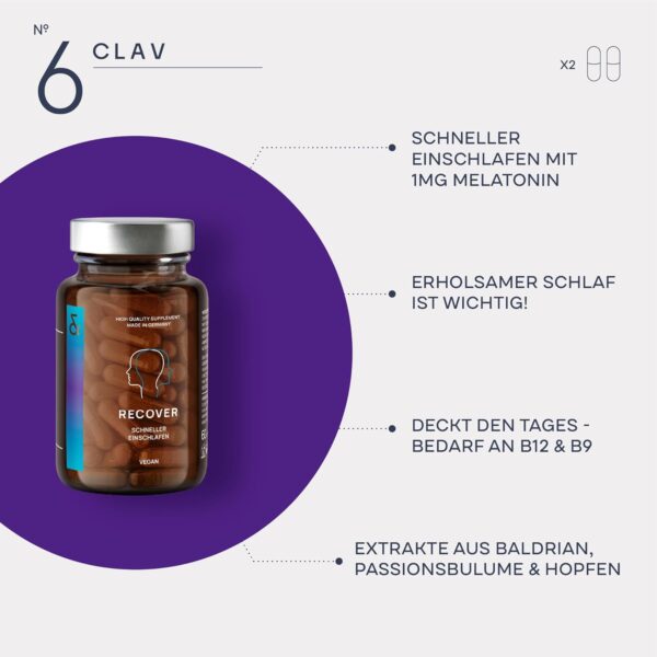 3X N°6 RECOVER Schlafmittel pflanzlich - Melatonin hochdosiert mit L-Tryptophan, Baldrian, Passionsblume, Hopfen, Melissenextrakt - Einschlafhilfe Erwachsene - 180 Melatonin Kapseln – Bild 3