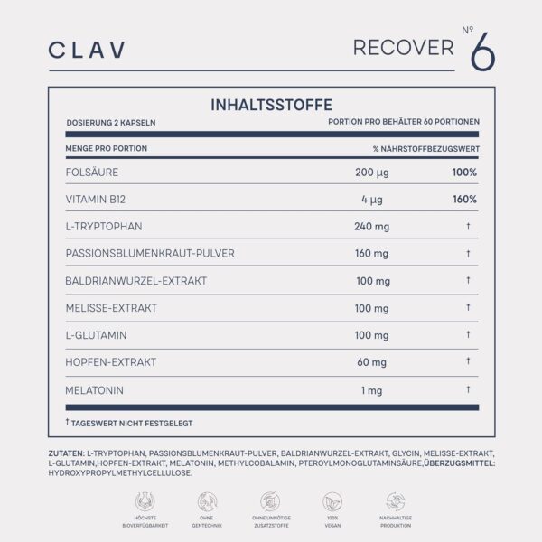 3X N°6 RECOVER Schlafmittel pflanzlich - Melatonin hochdosiert mit L-Tryptophan, Baldrian, Passionsblume, Hopfen, Melissenextrakt - Einschlafhilfe Erwachsene - 180 Melatonin Kapseln – Bild 8