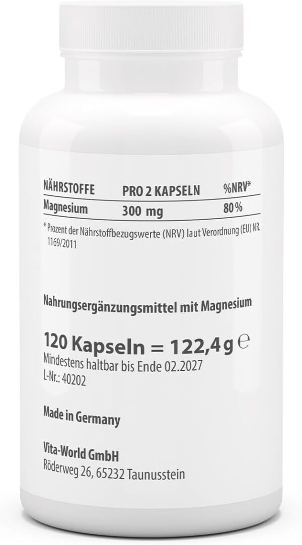 vitaworld Magnesiumtaurat, vegan, 300 mg elementares Magnesium pro 2 Kapseln, 120 Kapseln – Bild 2