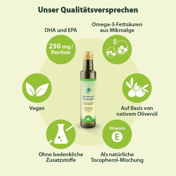 Dr. Jacob's DHA + EPA vegan TocoProtect I 250 ml Flasche I hochkonzentriert in Omega-3-Fettsäuren DHA und EPA I Olivenöl mit der pflanzlichen Vitamin-E-Familie – alle vier Tocopherole I 50 Portionen – Bild 3