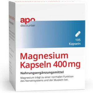 apodiscounter Magnesium Kapseln 400 mg (1x 105 Stück) - Reines Magnesiumoxid - Für Muskeln, Nerven und Energiestoffwechsel - Hochdosiert & Vegan