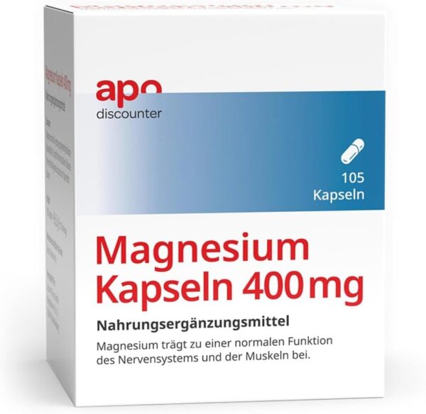 apodiscounter Magnesium Kapseln 400 mg (1x 105 Stück) - Reines Magnesiumoxid - Für Muskeln, Nerven und Energiestoffwechsel - Hochdosiert & Vegan