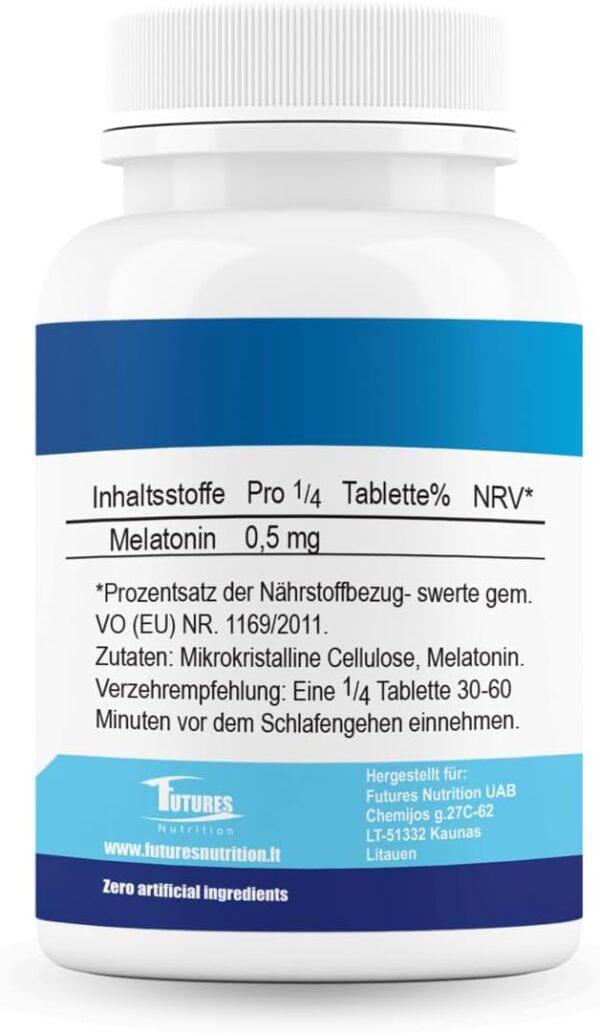 FUTURES NUTRITION Melatonin Extra Nahrungsergänzungsmittel - 365 hochdosiert Schlaftabletten - Nur 1/4 Tablette pro Tag: Melatonin 0,5mg - Ohne Zusatzstoffe und Vegan Schlafmittel - Laborgeprüft – Bild 8