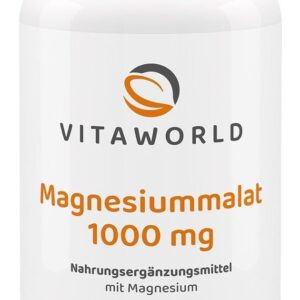Magnesium Malat - Magnesium Malate Kapseln hochdosiert 1000mg pro Tag (120 vegane Kapseln) - hohe Bioverfügbarkeit - laborgeprüft, ohne Zusätze und Gentechnik - laktose- und glutenfrei - vitaworld