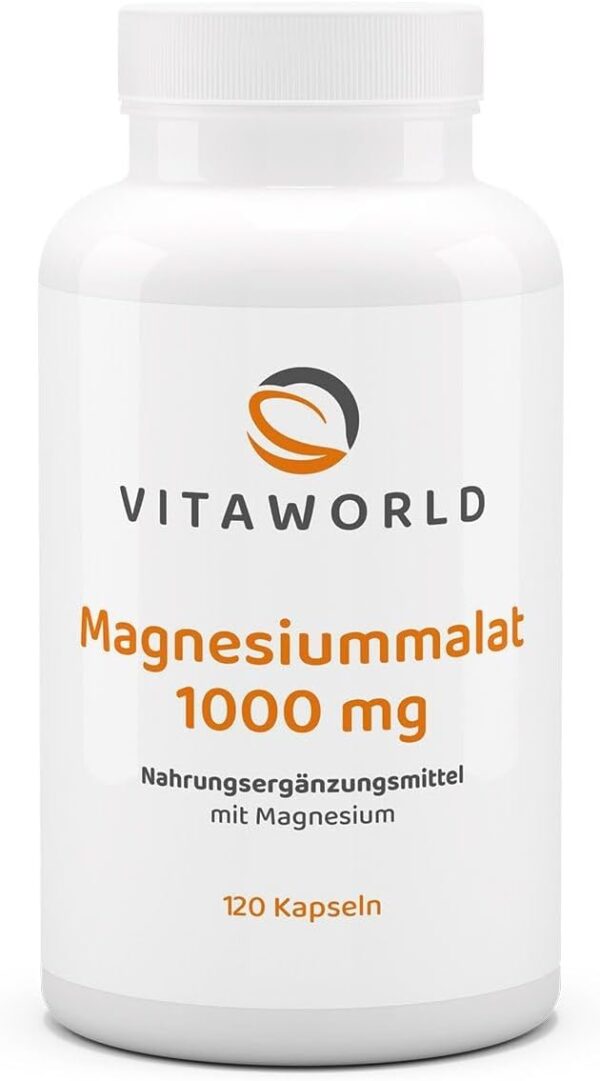 Magnesium Malat - Magnesium Malate Kapseln hochdosiert 1000mg pro Tag (120 vegane Kapseln) - hohe Bioverfügbarkeit - laborgeprüft, ohne Zusätze und Gentechnik - laktose- und glutenfrei - vitaworld