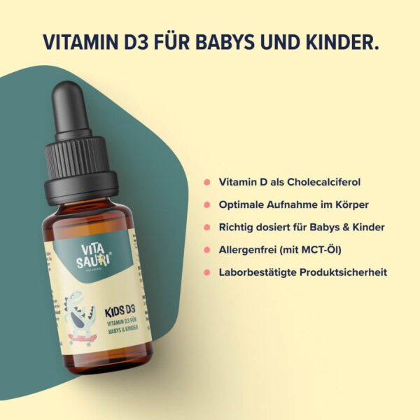 Vitasauri Kids D3 | Vitamin D Tropfen für Babys und Kinder | Leicht zu schluckende Vitamin D3 Tropfen gelöst in MCT Öl | Geeignet für Säuglinge, Babys & Kinder | 20 ml | edubily nutrition® – Bild 2