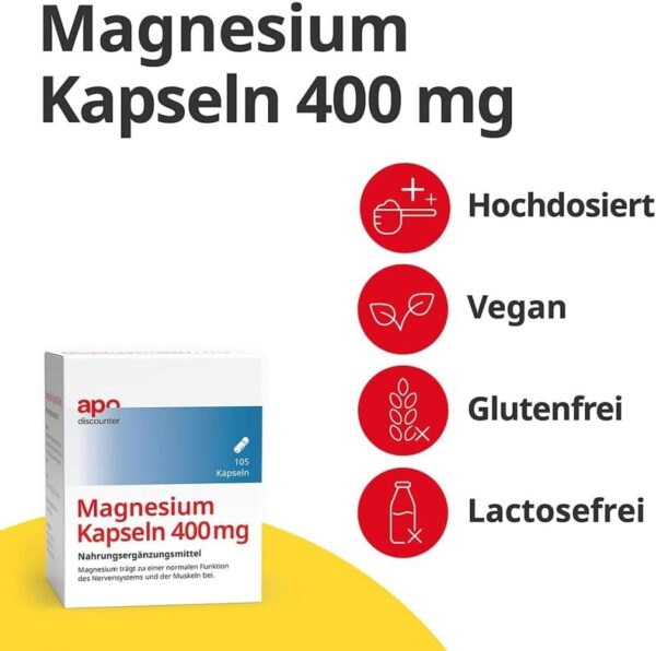 apodiscounter Magnesium Kapseln 400 mg (1x 105 Stück) - Reines Magnesiumoxid - Für Muskeln, Nerven und Energiestoffwechsel - Hochdosiert & Vegan – Bild 5