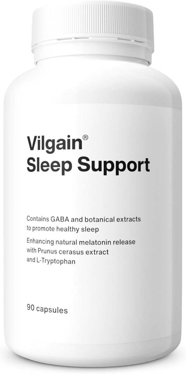 Vilgain Sleep Support – Natürliche Schlafhilfe mit Pflanzenextrakten & L-Tryptophan, fördert Melatonin, schnelleres Einschlafen, bessere Schlafqualität, 90 Kapseln