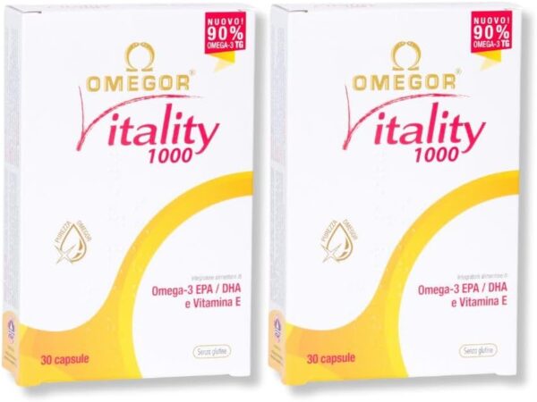 Omegor Vitality 1000 – Nahrungsergänzungsmittel mit 90% Omega 3 in Triglyceridform – Vitamin E – Für ein gesundes Herz, Sehvermögen und Gehirn – IFOS-zertifiziert – Ohne Nachgeschmack – 2 x 30 Kp