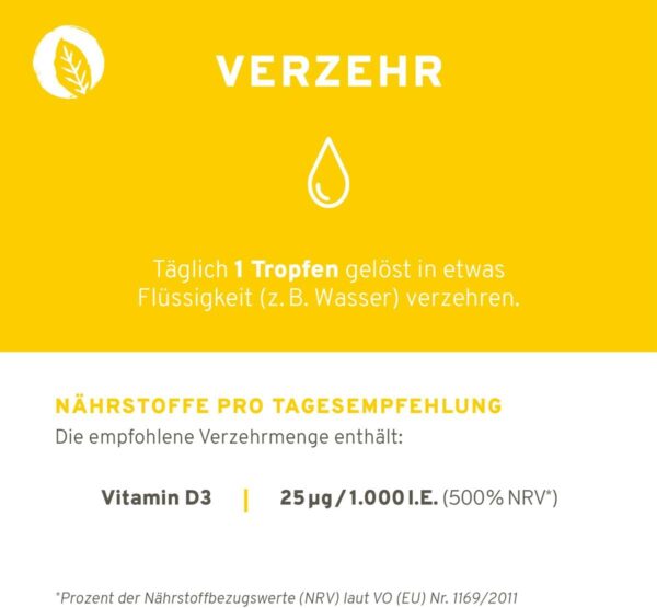 Vitamin D3 (Cholecalciferol) 1.750 Tropfen (1000 I.E. / 25µg) 50ml Flasche. Natives Olivenöl mit Vitamin D3 aus Flechten. Laborgeprüft, hohe Verwertbarkeit, hochdosiert, vegan und hergestellt in DE. – Bild 3