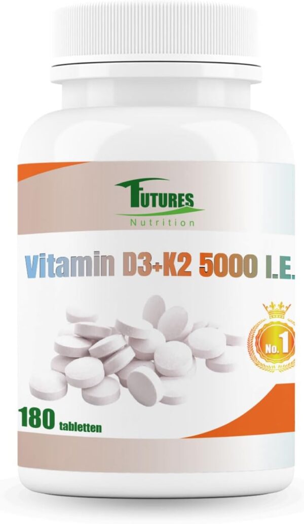 FUTURES NUTRITION 5000 I.E Vitamin D3 K2 Hochdosiert | Vegan | Beste Bioverfügbarkeit mit 99,7+% All-Trans Anteil | Nur 1 Tablette alle 5 Tage | Laborgeprüfte Reinheit | 180 Tabletten