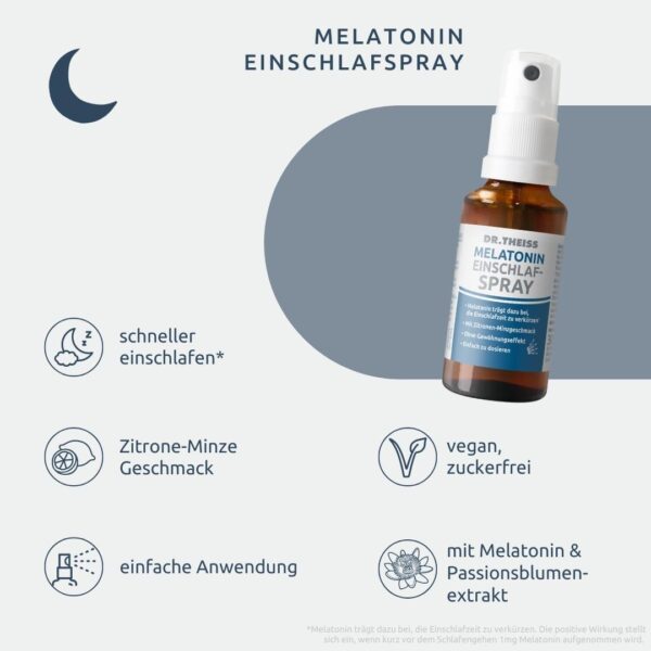 Dr. Theiss Melatonin Einschlaf-Spray | 30ml | Hilfe bei Einschlafproblemen | Mit Melatonin & Passionsblumenextrakt | Vegan und ohne Zucker | Zitronen-Minzgeschmack – Bild 3