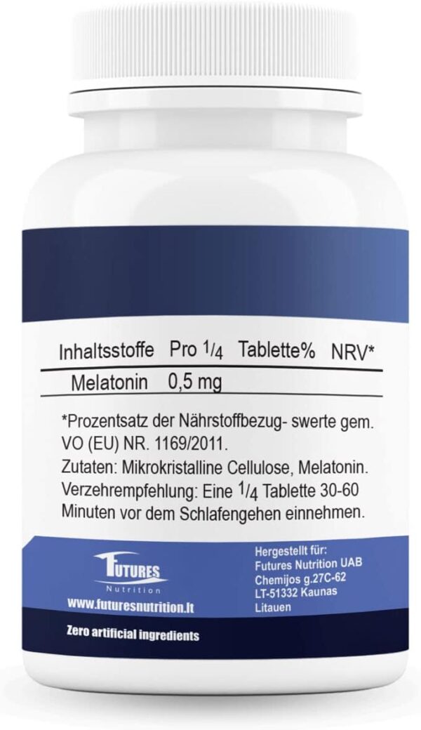 FUTURES NUTRITION Melatonin Extra Nahrungsergänzungsmittel - 365 hochdosiert Schlaftabletten - Nur 1/4 Tablette pro Tag: Melatonin 0,5mg - Ohne Zusatzstoffe und Vegan Schlafmittel - Laborgeprüft – Bild 2