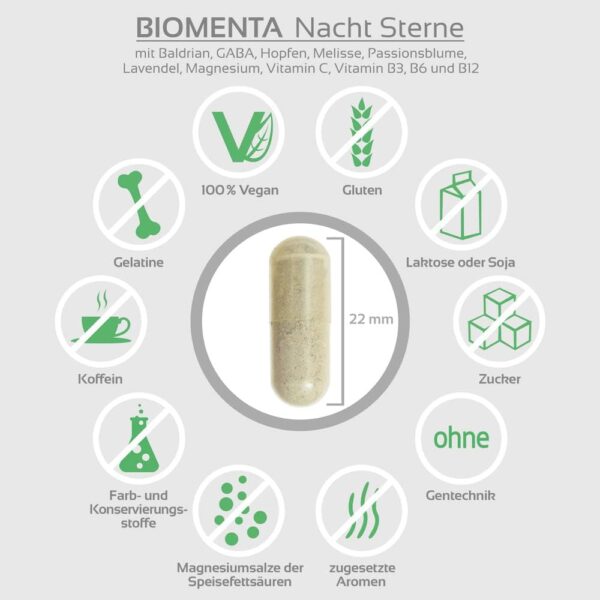 BIOMENTA Nachtsterne – 120 Baldrian Kapseln hochdosiert - Wirkstoffkomplex mit Hopfen, GABA, Melisse, Passionsblume, Lavendel, Magnesium, Vitamin C, B-Vitaminen - vegan - Premiumqualität – Bild 3