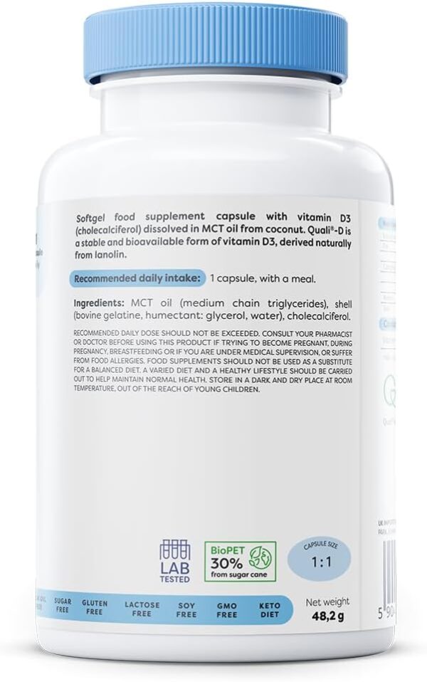 Osavi Vitamin D3 2000 IU - 120 Weichkapseln | Unterstützt Immunfunktion, Knochengesundheit- und Muskelfunktion sowie Kalziumaufnahme | Mit Quali®-D | Aus natürlichem Lanolin und Kokos-MCT-Öl – Bild 2