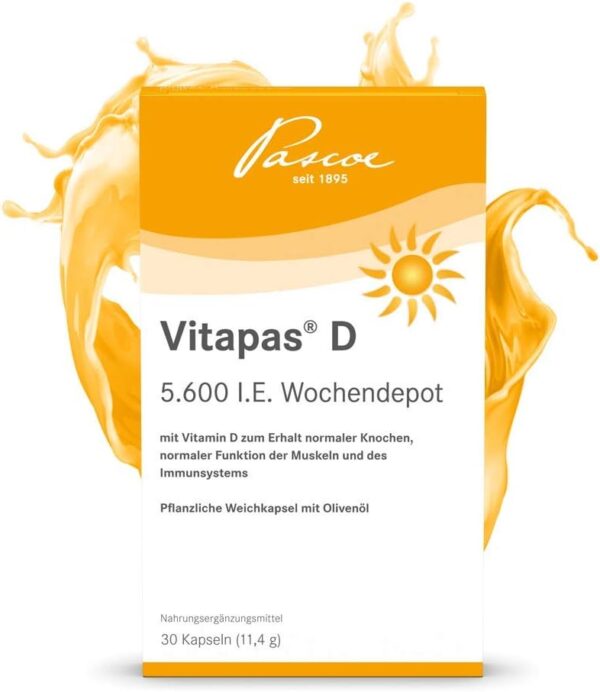 Vitapas D: 5.600 I.E. Vitamin D3 als Wochendepot – 30 pflanzliche Weichkapseln für Immunsystem, Muskeln & Knochen, vegetarisch, 30 Kapseln