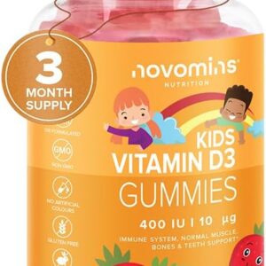 Vitamin D Kinder 400IE - 3 Monate - Vitamin D3 Kinder - Glutenfrei Gummibärchen Alternative zu Vitamin D Tropfen & Tabletten - Vegetarisch - Vitamin D Hochdosiert für Immunsystem & Knochen - Novomins
