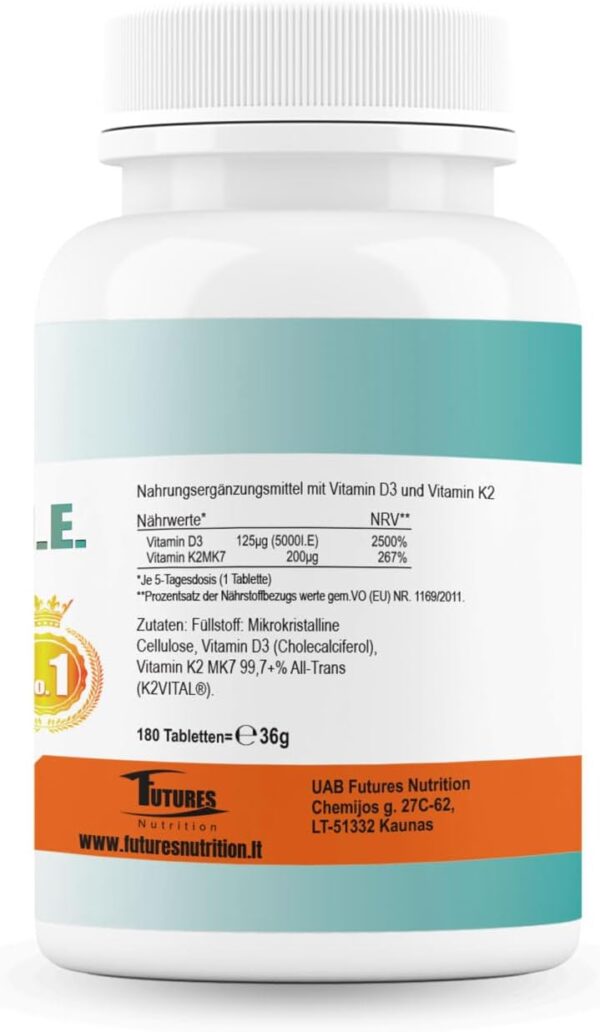 FUTURES NUTRITION 5000 I.E Vitamin D3 K2 Hochdosiert | Vegan | Beste Bioverfügbarkeit mit 99,7+% All-Trans Anteil | Nur 1 Tablette alle 5 Tage | Laborgeprüfte Reinheit | 180 Tabletten – Bild 3