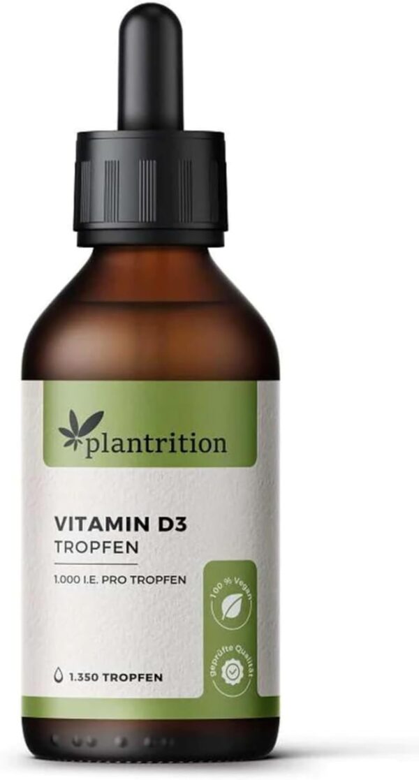 plantrition Vitamin D3 Tropfen Vegan 1000 I.E. pro Tropfen 1.350 Tropfen Vitamin D Öl - Vitamin D3 aus Flechten (Cholecalciferol) MCT Öl Kokosbasis Made in Germany - 50ml
