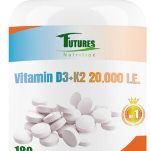 FUTURES NUTRITION 20000 I.E Vitamin D3 K2 Hochdosiert | Vegan | Beste Bioverfügbarkeit mit 99,7+% All-Trans Anteil | Nur 1 Tablette alle 20 Tage | Laborgeprüfte Reinheit | 180 Tabletten