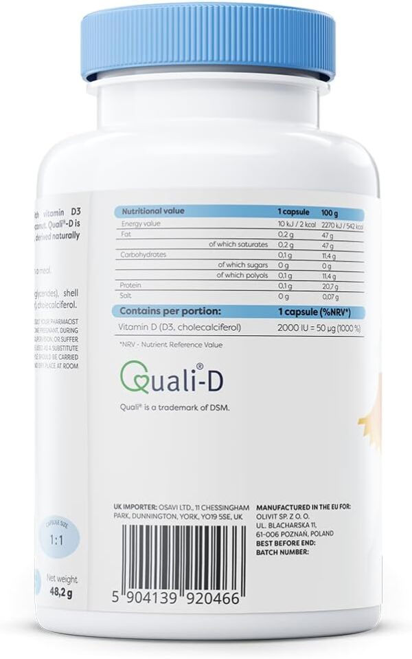 Osavi Vitamin D3 2000 IU - 120 Weichkapseln | Unterstützt Immunfunktion, Knochengesundheit- und Muskelfunktion sowie Kalziumaufnahme | Mit Quali®-D | Aus natürlichem Lanolin und Kokos-MCT-Öl – Bild 3