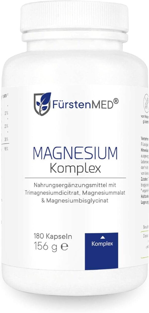 FürstenMED® 180 Magnesium Komplex Kapseln aus Magnesium-Citrat, Magnesium-Malat und Magnesium-Bisglycinat - Hochdosiert, Vegan & Ohne Zusatzstoffe