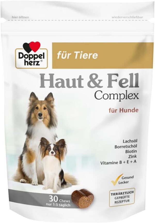 Doppelherz Haut und Fell Complex für Hunde – Mit wichtigen Omega-3 und Omega-6 Fettsäuren – 30 Chews