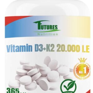 FUTURES NUTRITION 20000 I.E Vitamin D3 K2 Hochdosiert | Vegan | Beste Bioverfügbarkeit mit 99,7+% All-Trans Anteil | Nur 1 Tablette alle 20 Tage | Laborgeprüfte Reinheit | 365 Tabletten