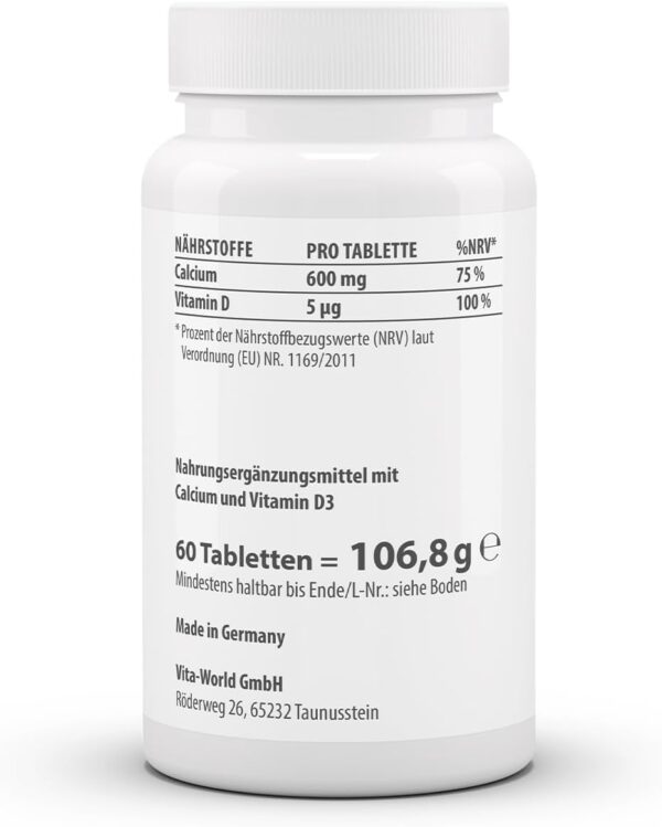 Vita World Calcium 600mg + Vitamin D 60 Tabletten Vegetarisch Made in Germany – Bild 2