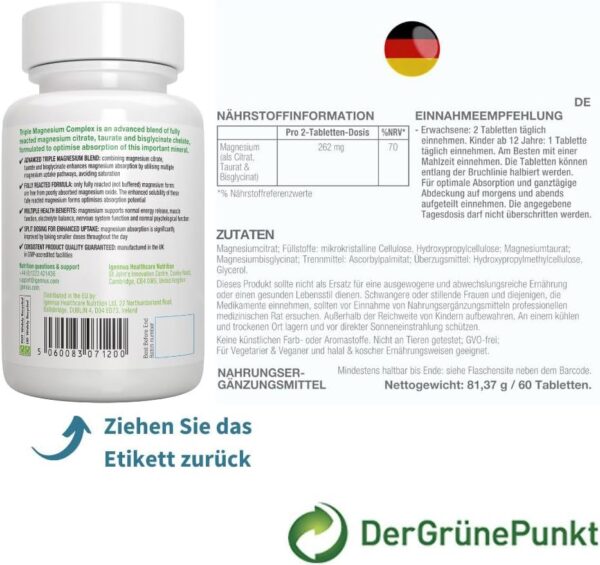 Triple Magnesium Komplex, Magnesium Glycinat, Taurat & Citrat, hohe Bioverfügbarkeit und Absorption, magenfreundlich, vegan und hypoallergen, 60 Tabletten, von Igennus – Bild 6