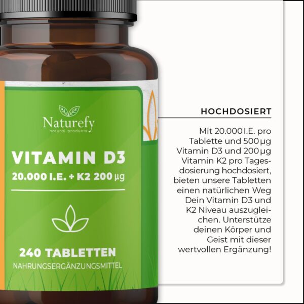 Vitamin D3 K2 Hochdosiert 20.000 – 240 Tabletten – VitaminD 20.000 IE – Vitamin D3 K2 Tabletten – Vitamine D3 + K2 Hochdosiert – Bild 3