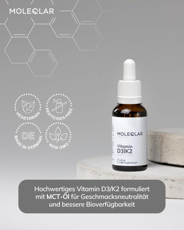 MoleQlar Vitamin D3 K2 Tropfen - 1000 I.E. Vitamin D3 + 20 μg all-trans Vitamin K2 M-K7 pro Tropfen - Hoch bioverfügbar dank MCT-Öl - vegetarisch & ohne Zusätze - Vitamin D3-K2 Öl – Bild 2