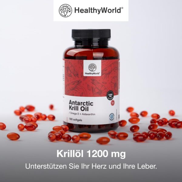 HealthyWorld® Krillöl 1200 mg - 180 Weichkapseln - Omega-3 + Astaxanthin - Ohne Gluten, Laktose und Künstliche Aromen - 3-Monats-Vorrat - Unterstützt Herz- und Kreislauffunktion – Bild 7