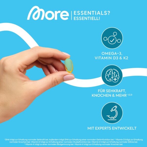 MORE Essentials O3-D3-K2, 240 Fischöl Kapseln mit 1000mg EPA & 500mg DHA pro Tag, Vitamin D3 & Vitamin K2, Kapselhülle aus Rindergelatine – Bild 2