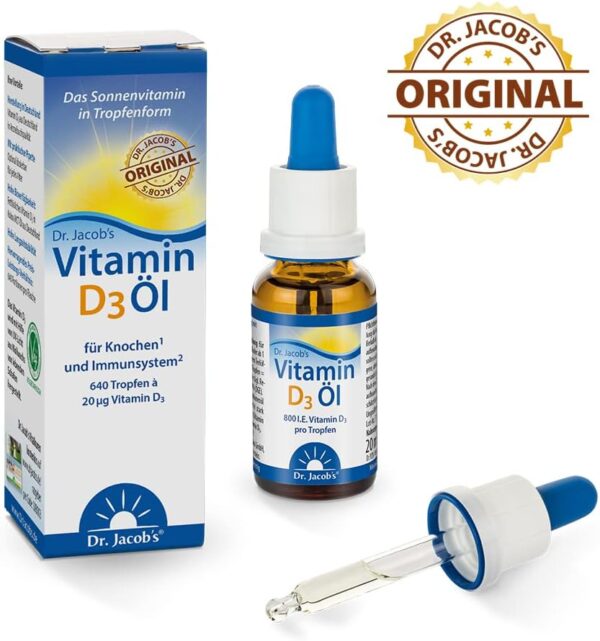 Dr Jacob's Vitamin D3 Öl Tropfen 800 IE I ideal dosierbar für die ganze Familie auch Kleinkinder I für Immunsystem, Muskeln und Knochen¹ I Apotheken-Qualität I hohe Bioverfügbarkeit 20 ml 640 Tropfen – Bild 2