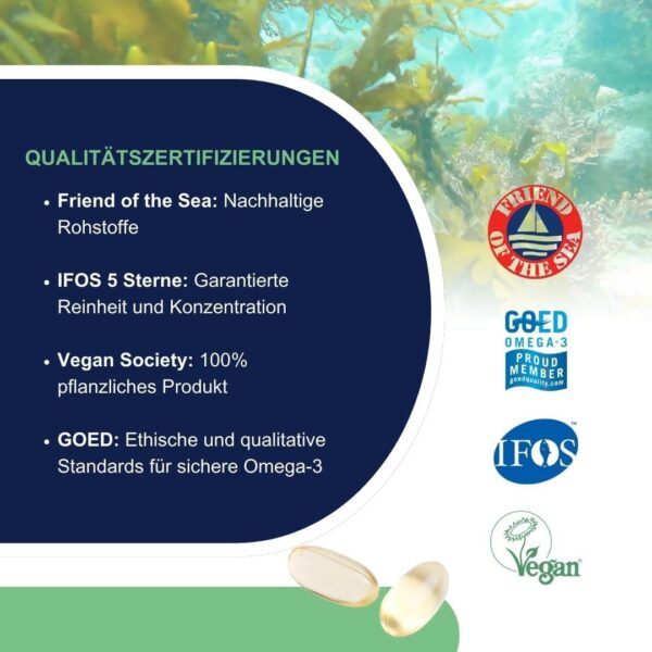 Omegor VEG - Omega 3 Veganes Algenöl | Das einzige IFOS-Zertifikat | 250 mg DHA und 125 mg EPA pro Kapsel | 60 Kapseln, 2 Monatsvorrat | 100% VEGAN – Bild 7