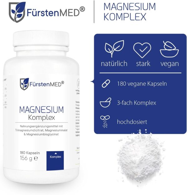 FürstenMED® 180 Magnesium Komplex Kapseln aus Magnesium-Citrat, Magnesium-Malat und Magnesium-Bisglycinat - Hochdosiert, Vegan & Ohne Zusatzstoffe – Bild 2