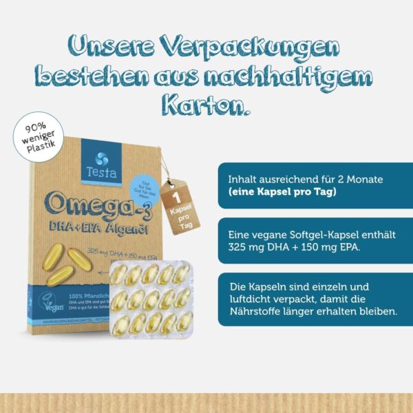 Omega 3 Vegan Algenöl – Hochdosiert 325mg DHA + 150mg EPA pro Kapsel - Nur 1 Kapsel pro Tag - Unterstützt Herz, Gehirn und Augen - Pflanzliches Omega 3 aus Algenöl - 60 Kapseln – Bild 3
