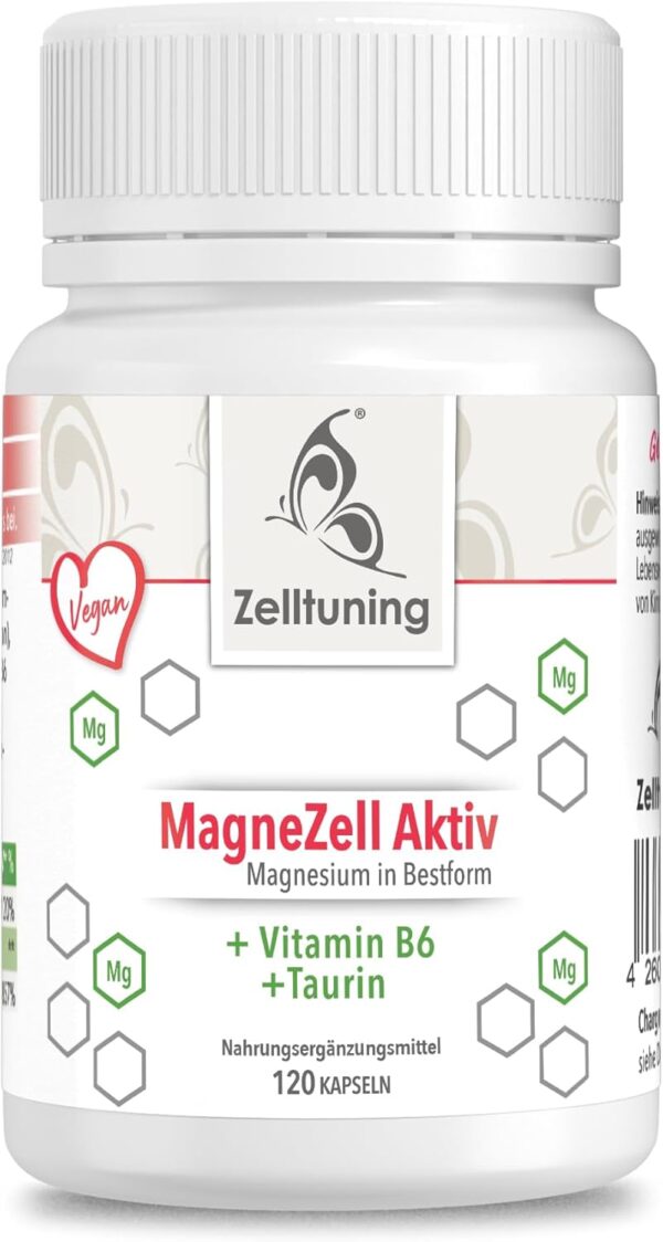 Magnesium Hochdosiert Kapseln - MagneZell Aktiv, Magnesium Komplex Vegan - 120 Magnesium Pulver Kapseln, Mit Vitamin B6 und Taurin - Zelltuning Magnesium Ohne Zusatzstoffe aus Deutschland