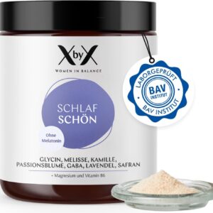XbyX Schlaf Schön ohne Melatonin 120 g | 40 Portionen | Gut einschlafen und erholt aufwachen | Bioaktive Pflanzenextrakte zur Schlafförderung in Pulverform | Plus Magnesium und B6 | Aus Deutschland