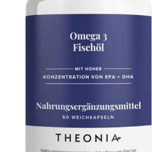 Theonia Omega-3 Fischöl – 2.000mg mit Vitamin E – Erhält Herz-, Gelenk- Gehirn- & Immunfunktionen – Männer & Frauen – 60 Kapseln & nicht genverändert