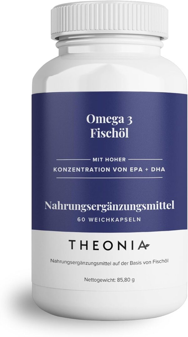 Theonia Omega-3 Fischöl – 2.000mg mit Vitamin E – Erhält Herz-, Gelenk- Gehirn- & Immunfunktionen – Männer & Frauen – 60 Kapseln & nicht genverändert